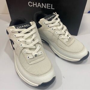 Chanel White & Black Mesh Leather Sneakers